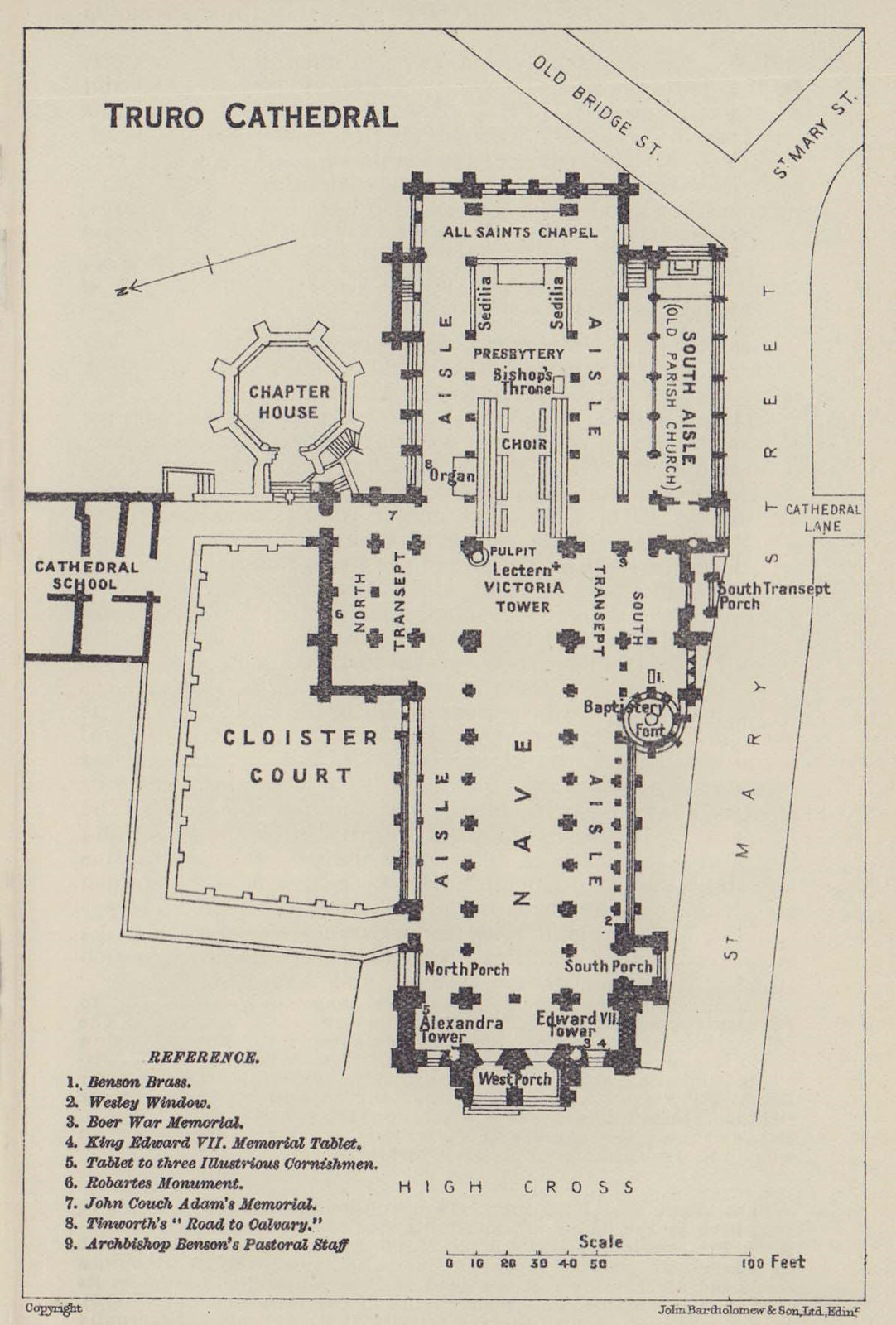 Truro Cathedral ground floor plan. Cornwall 1920 old antique map chart